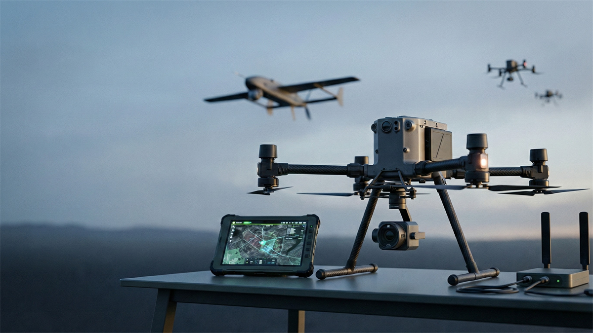 Autonomous military drone on a launch table with tactical map tablet and antennas, with other drones flying overhead.