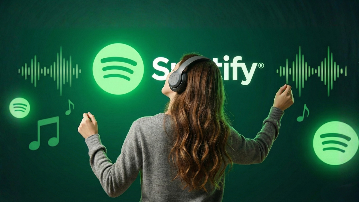 Listener in headphones facing glowing Spotify logo and soundwaves, symbolizing streaming price hike and growth