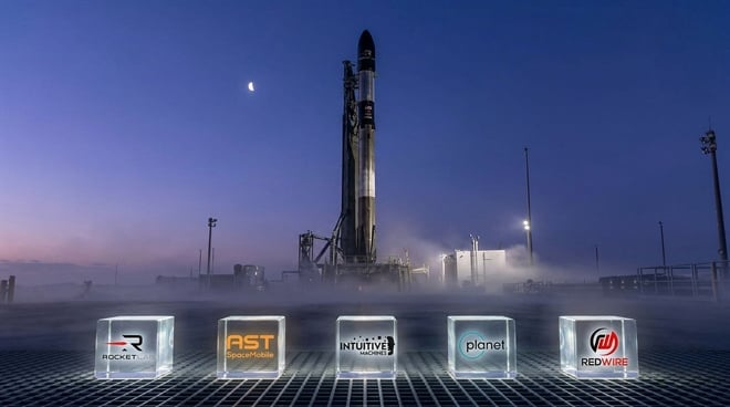 Rocket on launchpad with RKLB, ASTS, LUNR, PL, and RDW logos as space stocks to watch before the SpaceX IPO.
