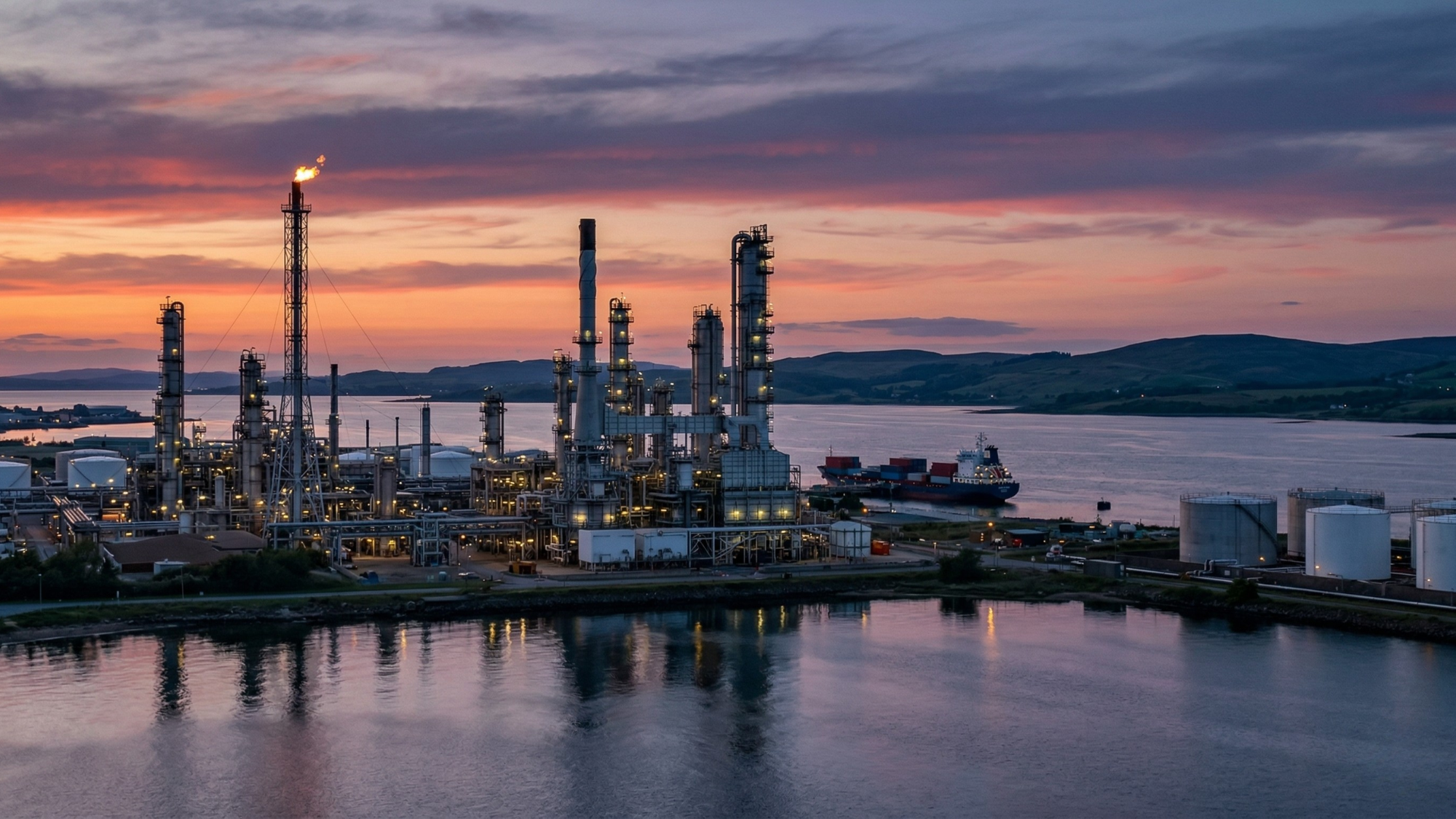 Oil refinery at sunset with storage tanks and tanker ship, reflecting strong oil sector demand and recovery outlook.
