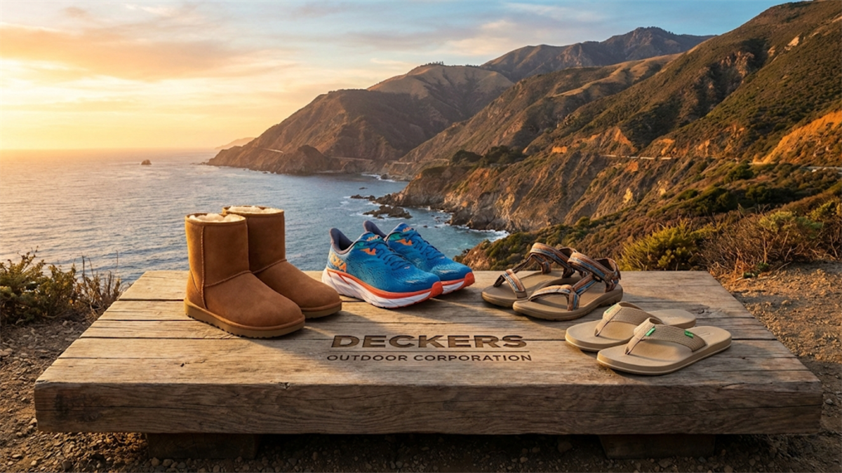 Deckers Outdoor shoes displayed by a coastal vista, underscoring DECK brand momentum and earnings outlook.