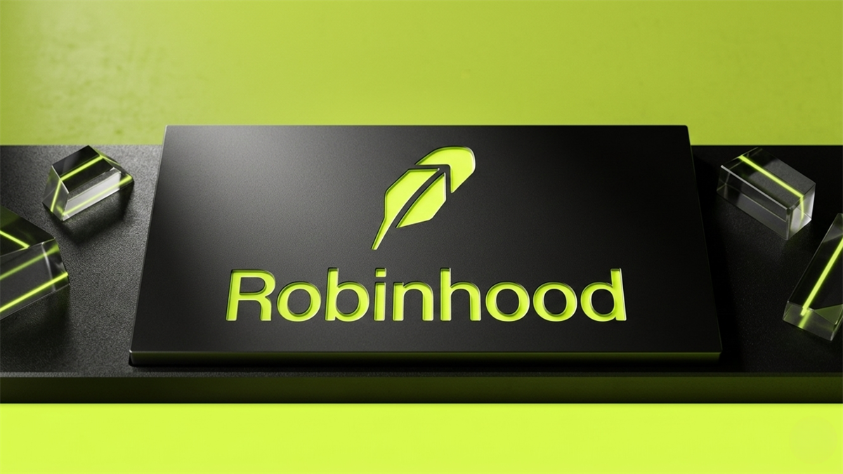 Robinhood logo on black plaque over green backdrop.