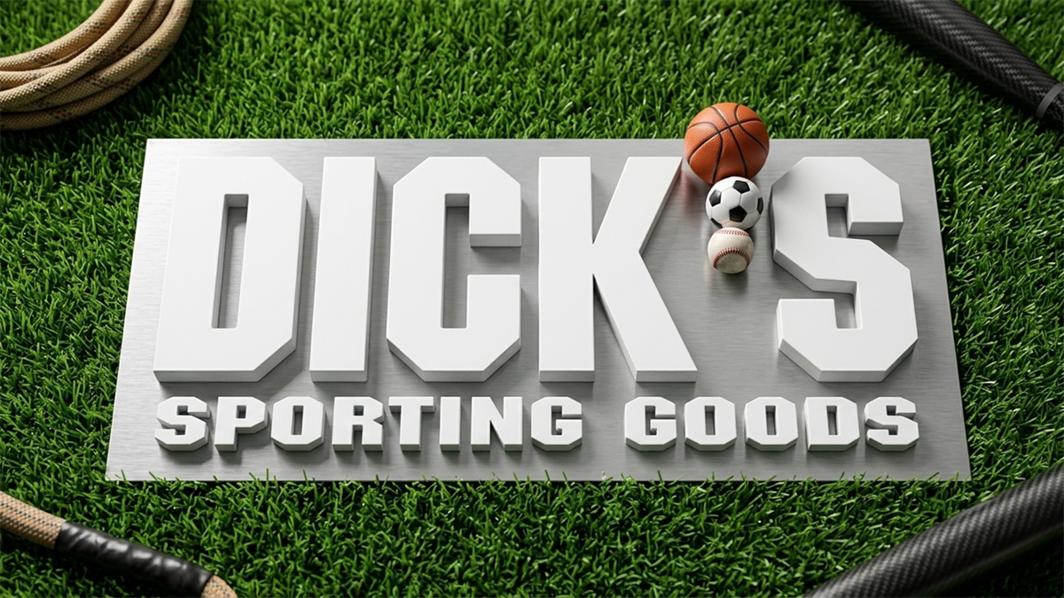 Dick’s Sporting Goods logo on turf with sports balls.