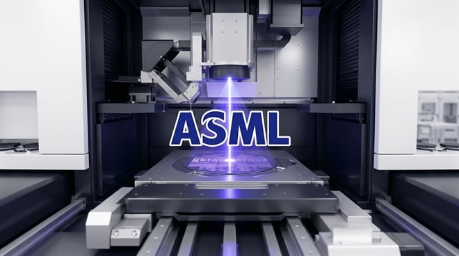 An ASML lithography tool processing a wafer with a blue laser beam.