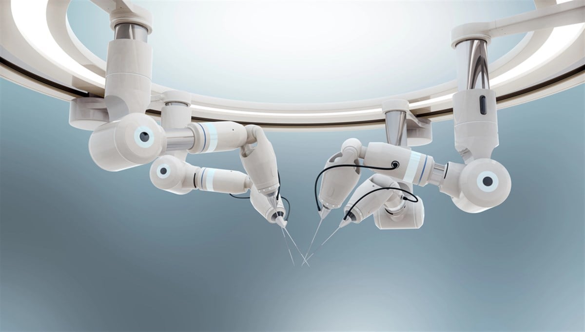 Robot surgery machine on blue background