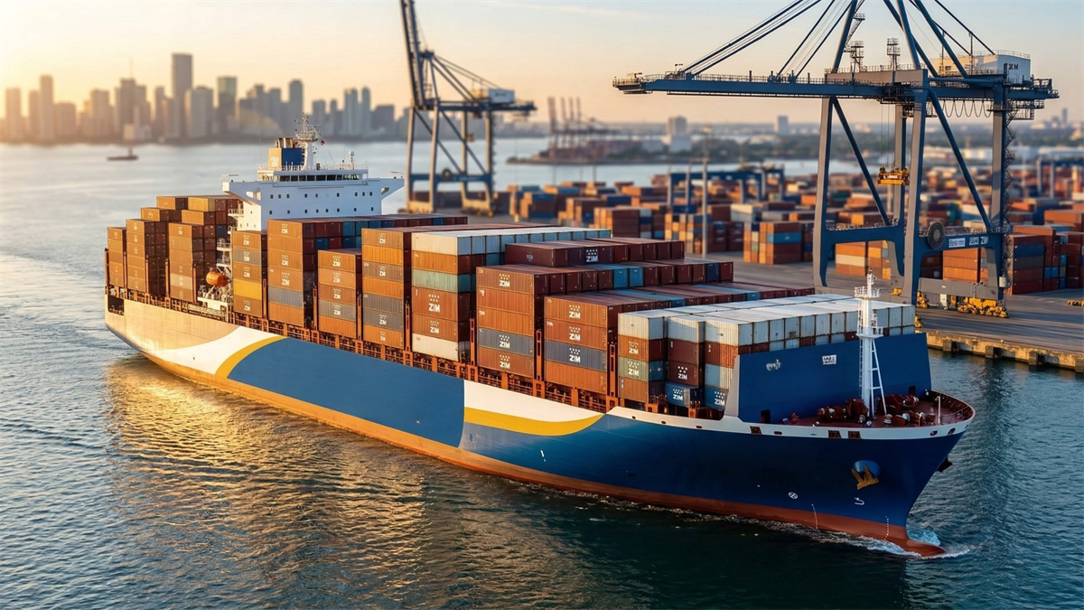 ZIM container ship loaded with cargo containers leaving port terminal, reflecting global container shipping industry.