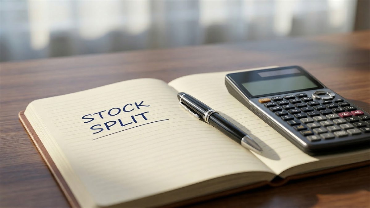 Stock split written in a notebook beside a calculator and pen on a wooden desk, symbolizing investors analyzing a stock split decision.