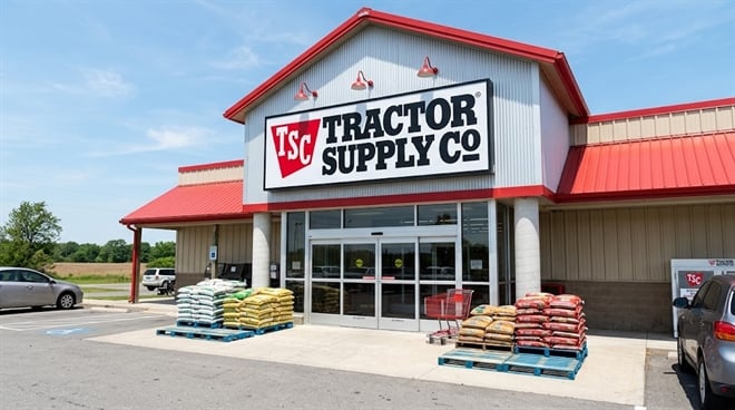 Exterior of a Tractor Supply Co. retail store with bagged goods displayed near the entrance.