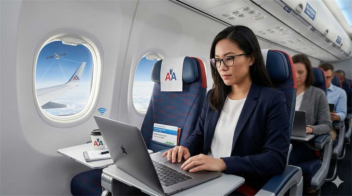 A passenger works on a laptop aboard an American Airlines aircraft during a flight.