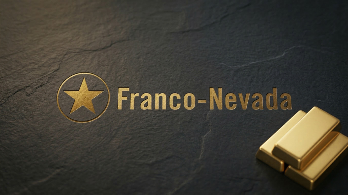 Franco-Nevada logo with gold bars on a dark stone surface, symbolizing gold royalties and exposure to the commodities supercycle.