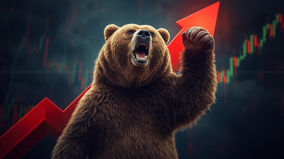 A bear being lifted by a red rising line with arrow on a stock chart