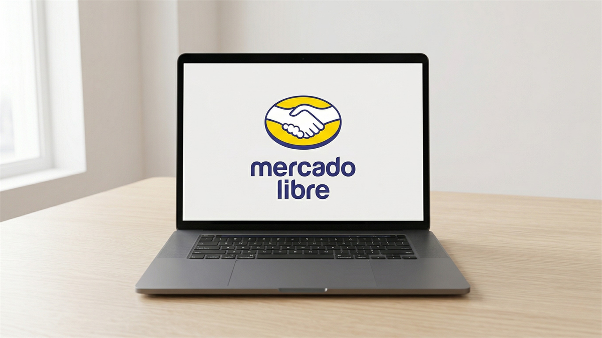 Laptop displaying MercadoLibre logo on screen, symbolizing e-commerce giant amid stock pullback opportunity.