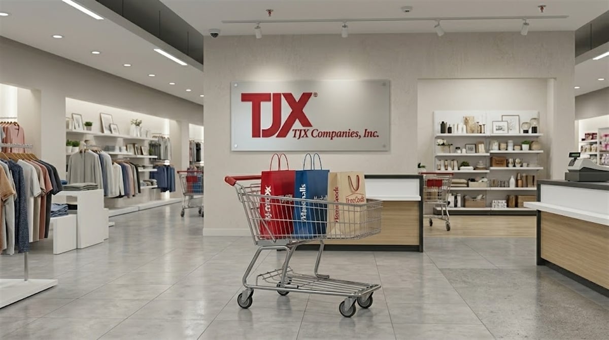TJX Companies retail store interior featuring a shopping cart, checkout counter, and branded wall sign.