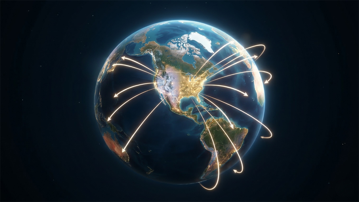 Glowing globe centered on the U.S. with light trails radiating outward, symbolizing capital flowing into international markets.