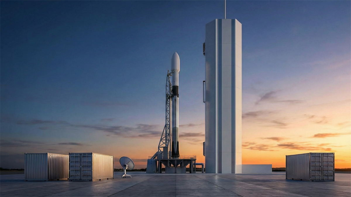 Modern commercial rocket on a launch pad at dawn, highlighting government-backed space infrastructure and growth in the space industry.