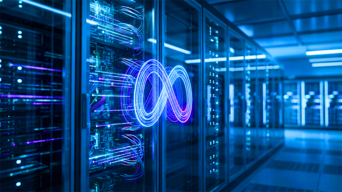 Meta logo glowing between glass server racks in a modern data center, symbolizing Meta’s AI and cloud infrastructure.