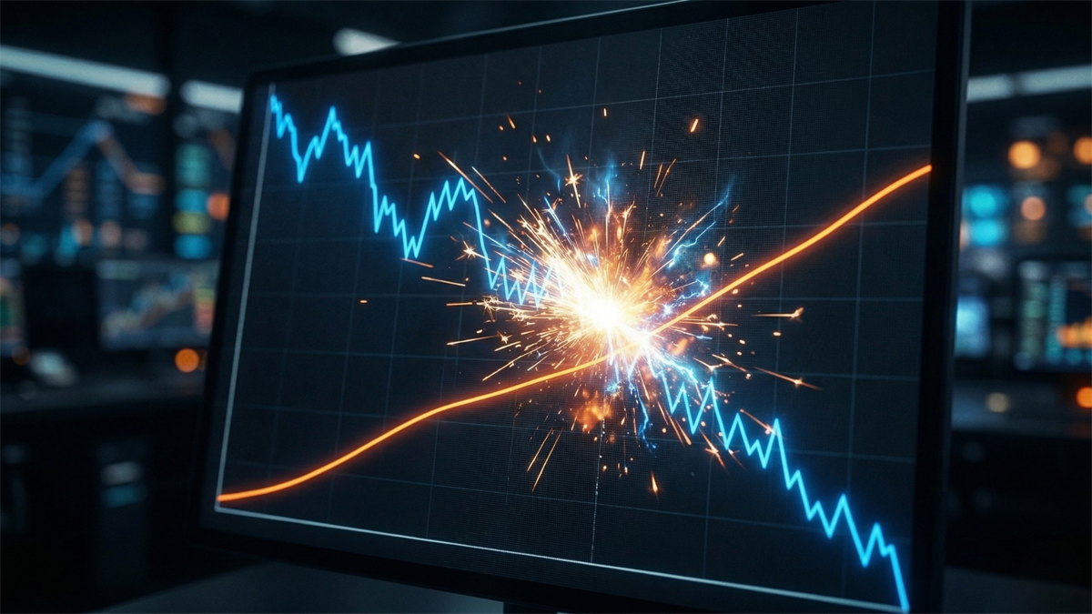 Digital stock chart showing sharp drop crossing below trend line with sparks, symbolizing S&P 500 breakdown and volatility.