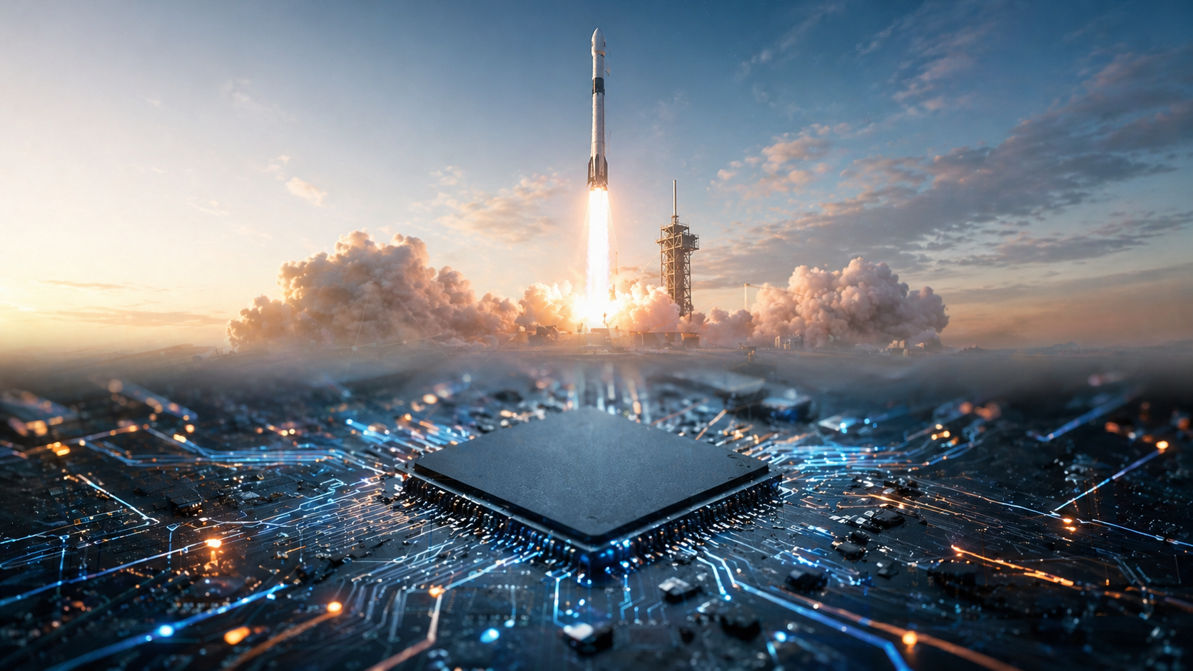 SpaceX rocket lifts off over an AI semiconductor chip, spotlighting TSM, NVDA, AMD, INTC, and AMKR stock demand.