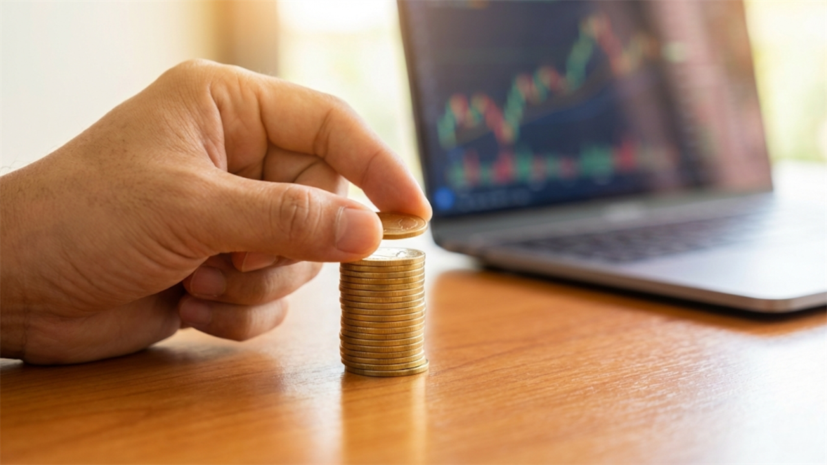 Hand stacking coins beside laptop stock chart, symbolizing dividend income and long-term investing.