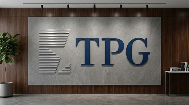 An office feature wall displays the TPG company logo with stylized parallel lines.