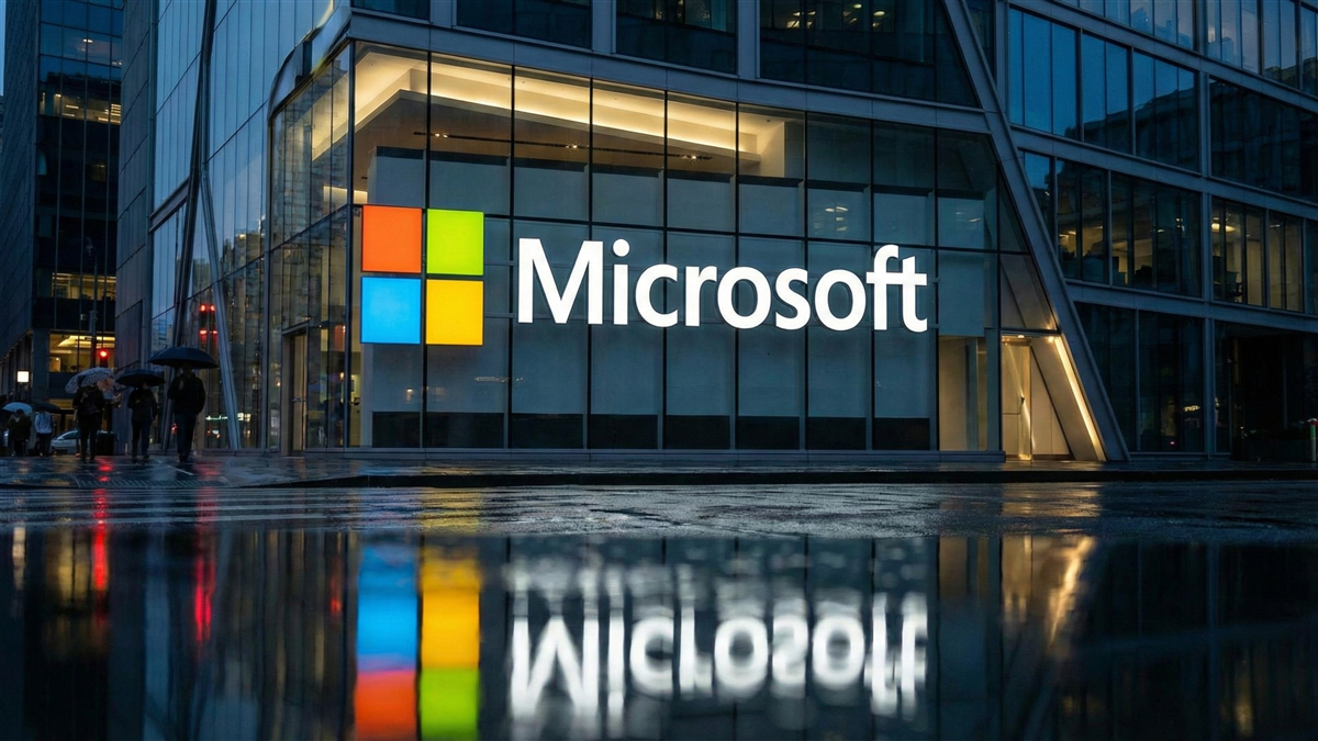 Microsoft’s illuminated headquarters reflected on wet pavement emphasizes the tech giant’s market presence.