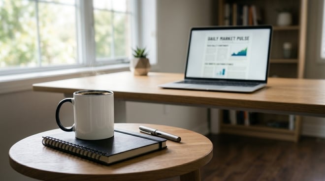A home office desk with a laptop displaying a Daily Market Pulse financial report, beside a coffee mug and notebook.