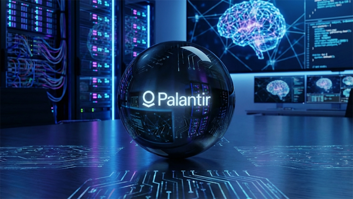 Palantir-branded sphere glows in a server room with AI graphics, underscoring the company’s enterprise AI capabilities.