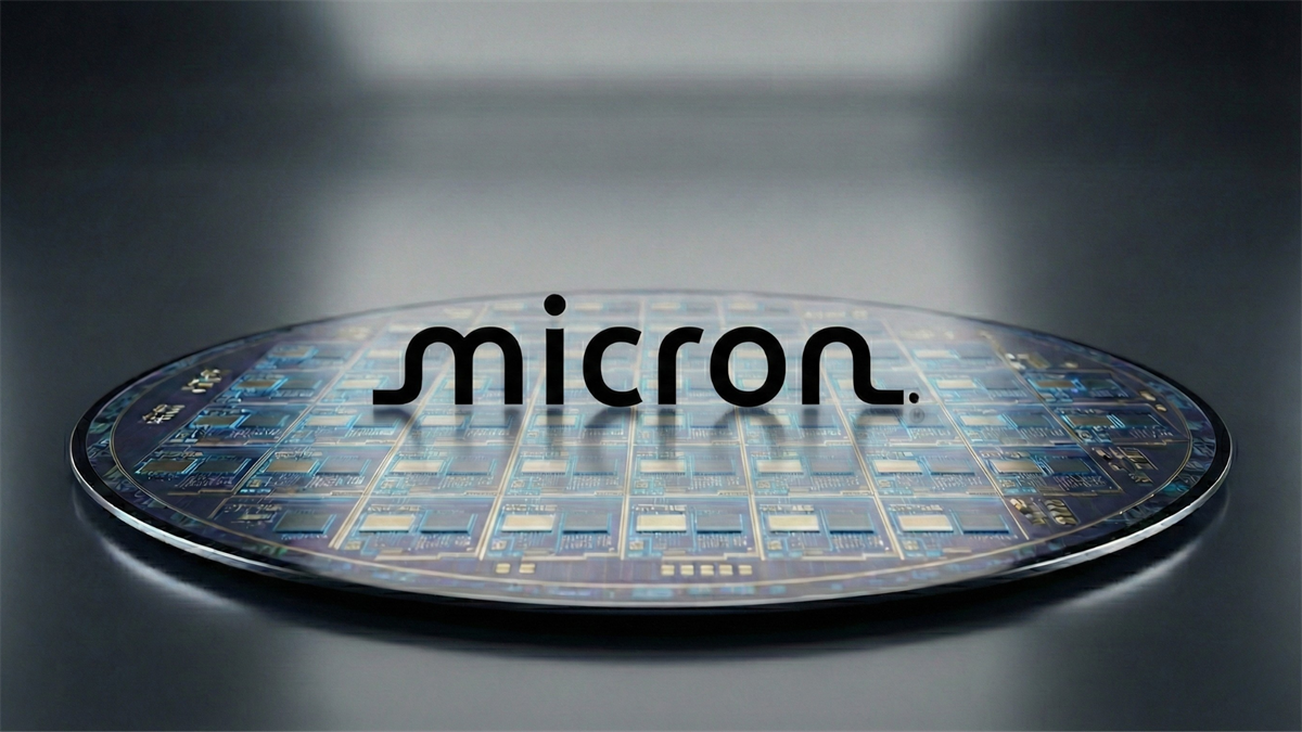 Micron logo on a silicon wafer, highlighting MU memory-chip demand driven by AI and data-center spending.