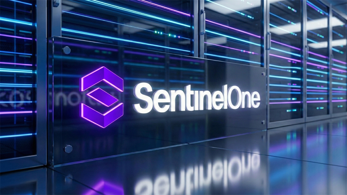 SentinelOne logo on a glass panel in a neon-lit server room, highlighting AI-focused cybersecurity infrastructure.