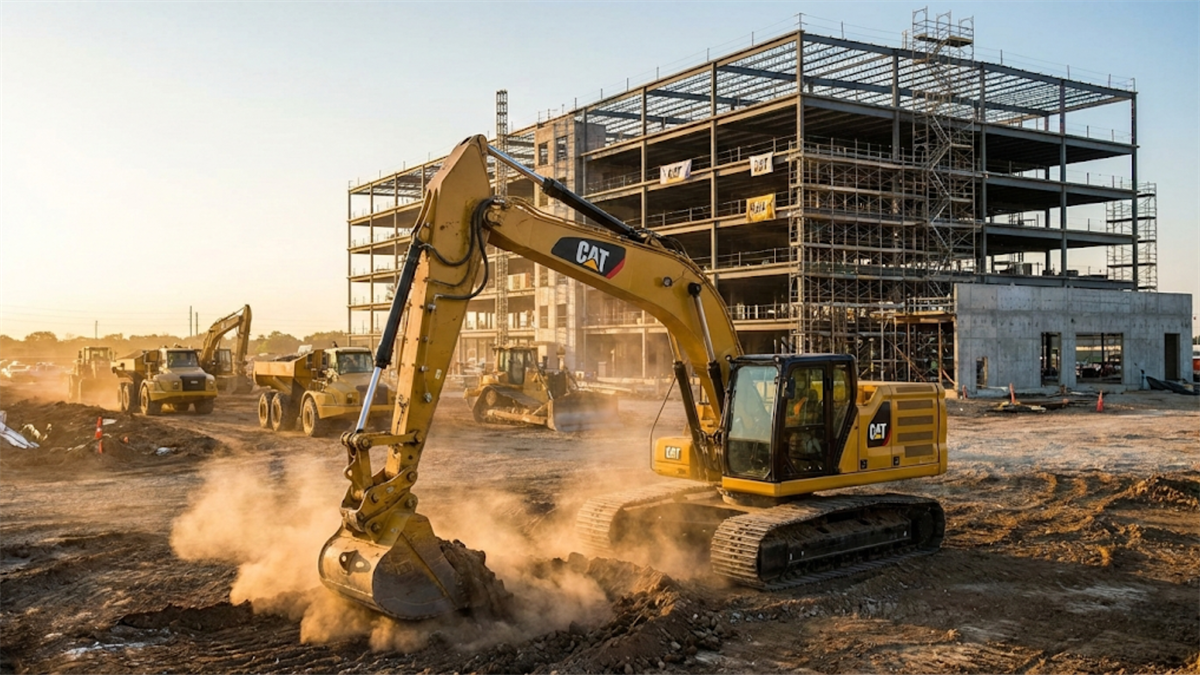 CAT excavator and heavy equipment in front of steel-frame building, signaling infrastructure spending demand.