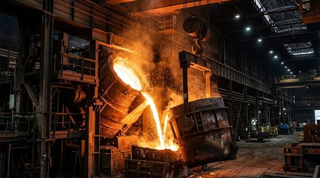 Molten metal being poured from a large ladle inside an industrial steel mill.