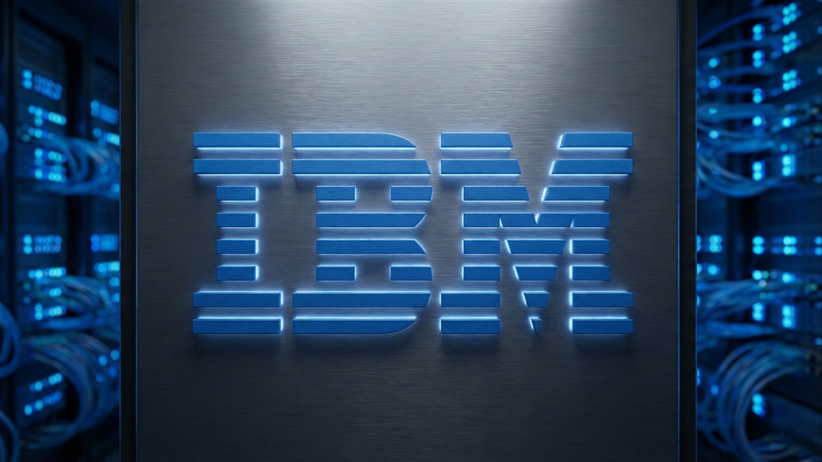IBM logo illuminated on a server rack in a data center.