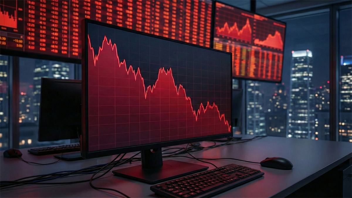 Red stock market charts on multiple trading monitors in an office at night, with a city skyline visible through windows.