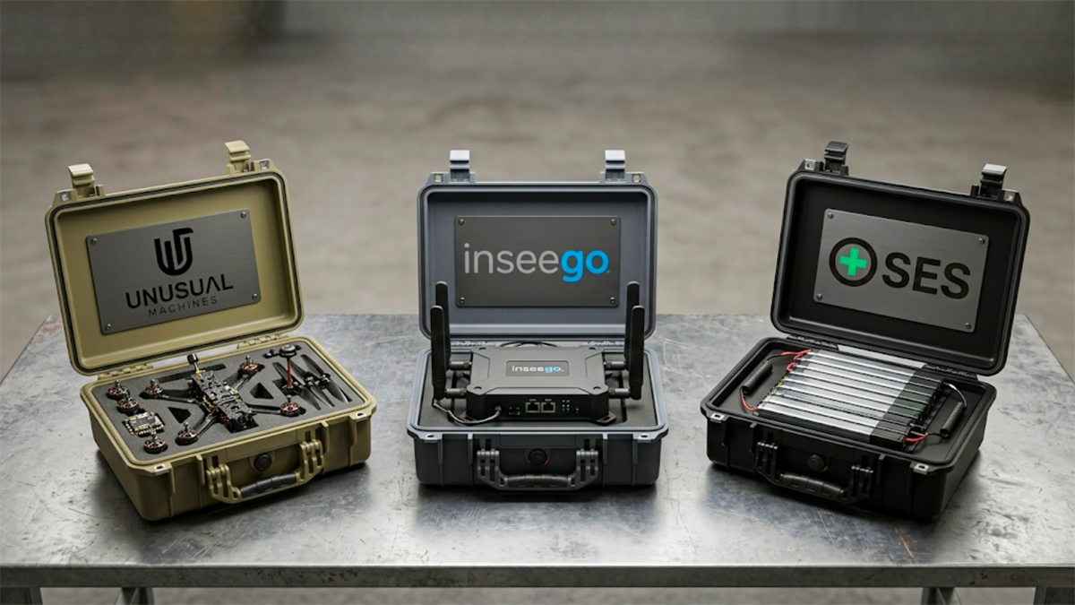 Unusual Machines, Inseego, and SES logos on rugged cases with networking gear.