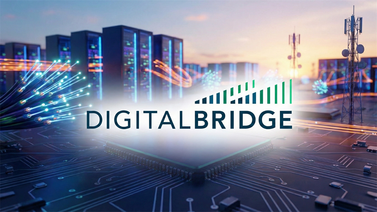 DigitalBridge logo over glowing data center servers, fiber links and telecom towers at sunset.