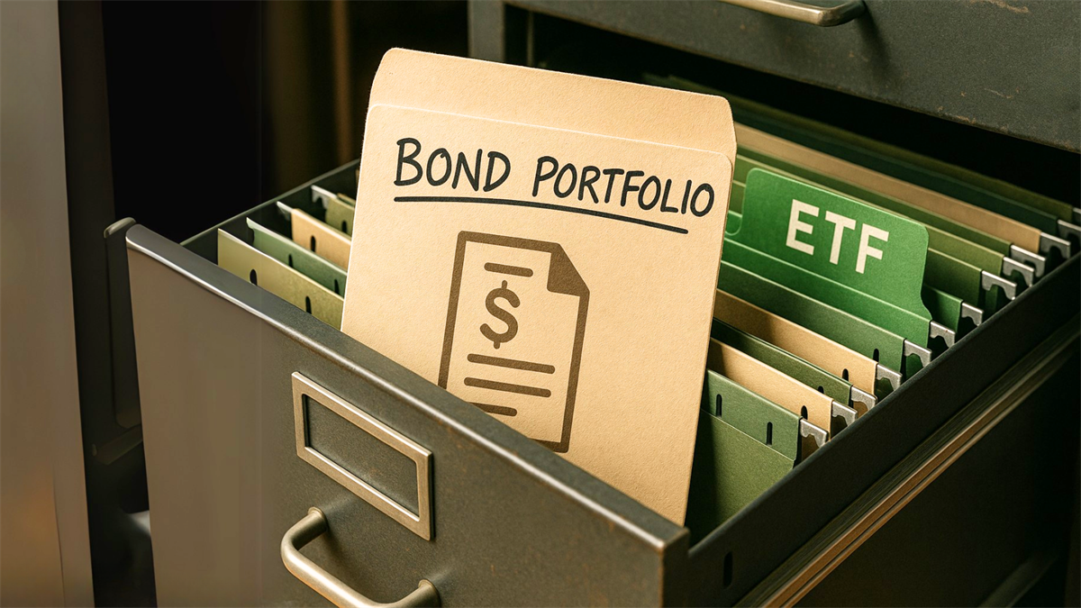 Open file drawer with folders labeled “Bond Portfolio” and “ETF,” symbolizing diversified fixed-income investment strategy.