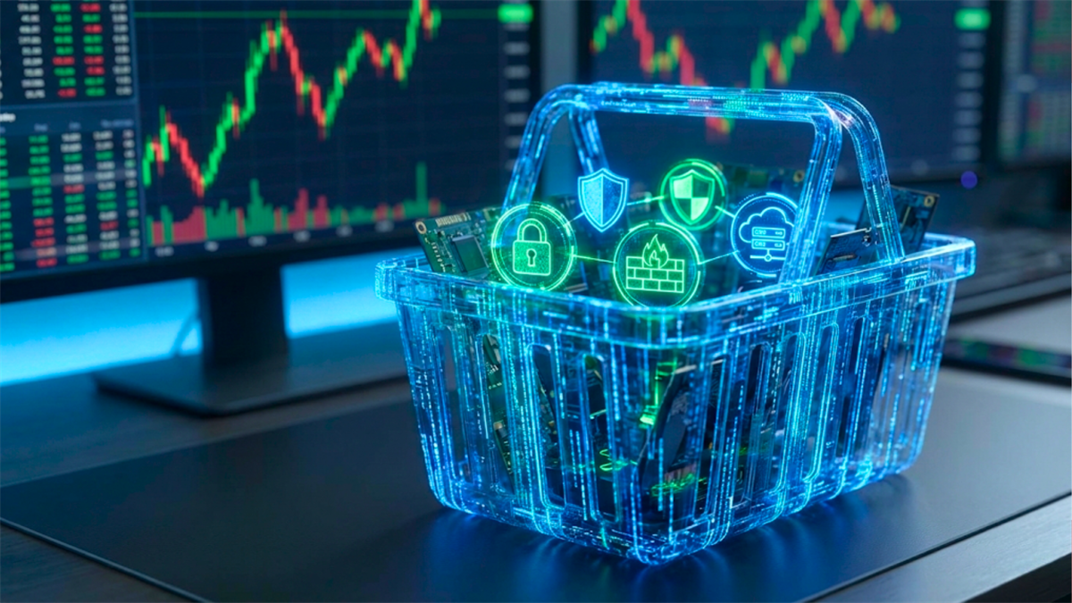 Digital basket of chips with security icons and stock charts, highlighting cybersecurity ETF demand and market trends.