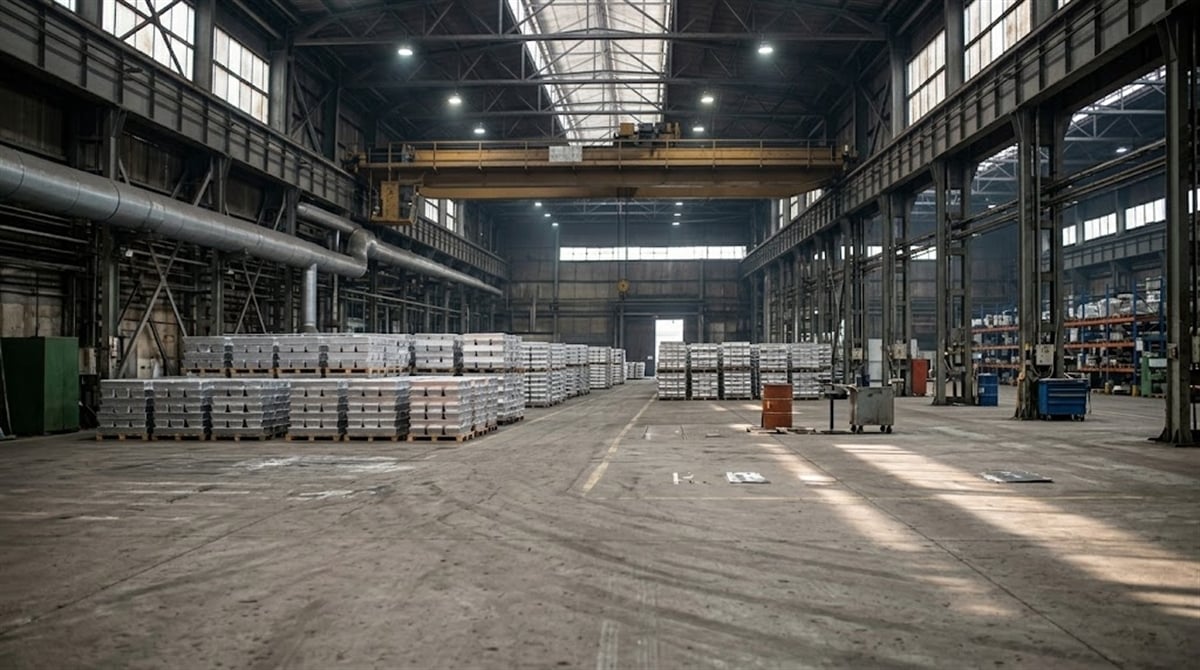 Interior of a large industrial warehouse with pallets of stacked metal ingots and overhead crane.