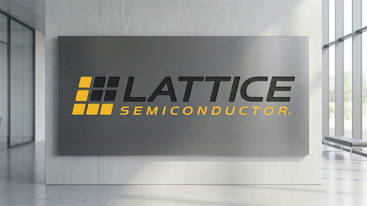 Lattice Semiconductor logo on modern office wall, symbolizing high-growth chip stock with premium valuation narrative.