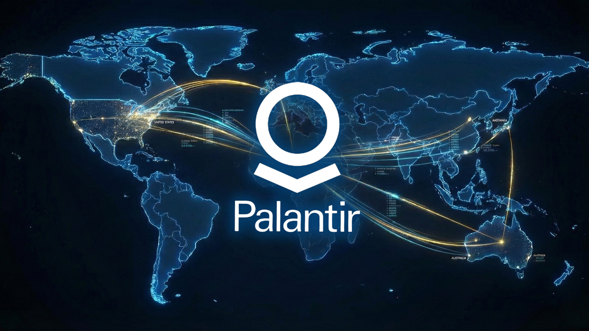 Palantir logo over a digital world map with data connections.