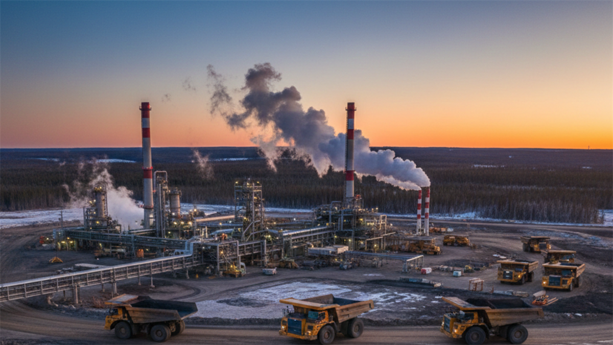 A Canadian oil sands facility emits steam at sunset, with large haul trucks moving across the snowy, rugged site, reflecting heavy-crude industry activity.