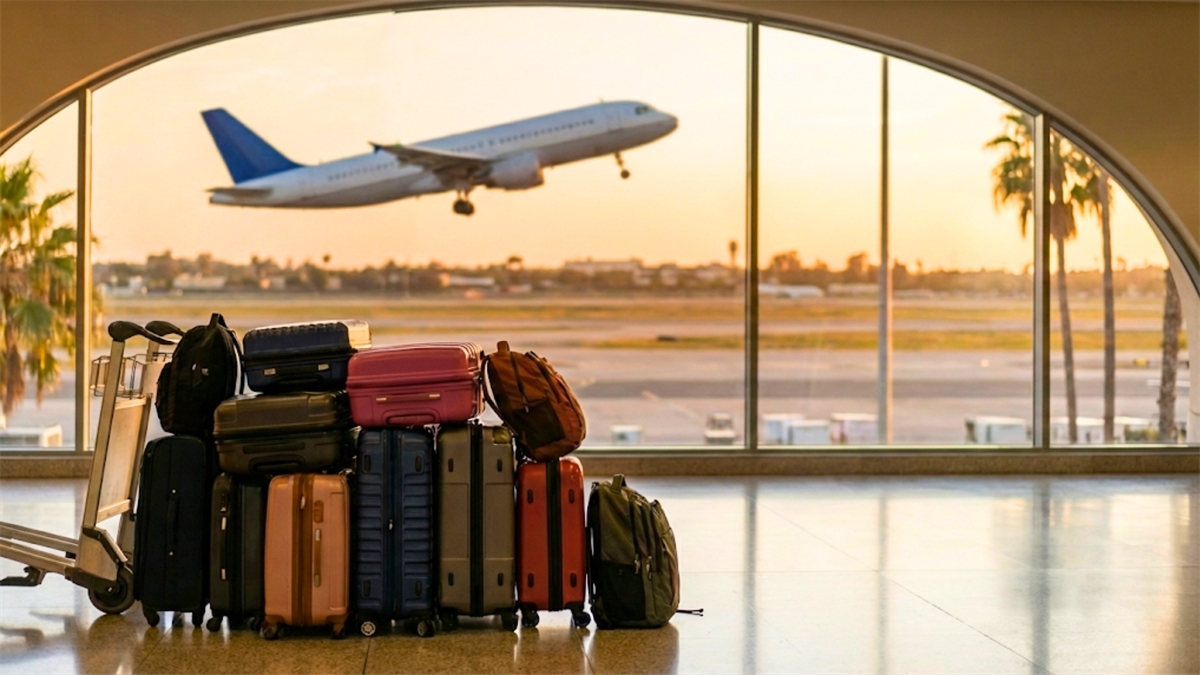 Luggage piled in an airport terminal as a jet takes off, signaling strong travel demand boosting airline stocks.