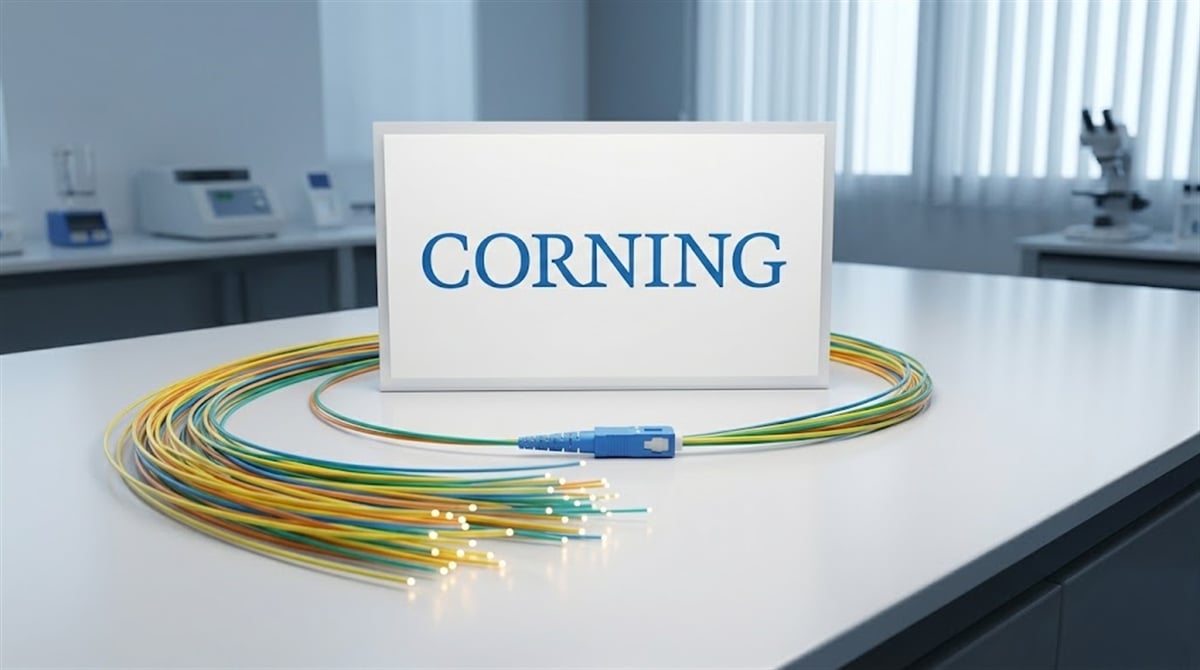 Corning logo displayed beside coiled fiber optic cables with a blue SC connector in a laboratory setting.