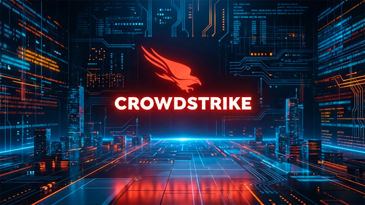 CrowdStrike logo on digital cybersecurity backdrop, highlighting CRWD AI endpoint security.