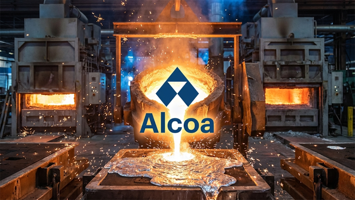 Alcoa logo over molten aluminum pour in smelter, highlighting AA stock tied to aluminum prices and industrial demand.