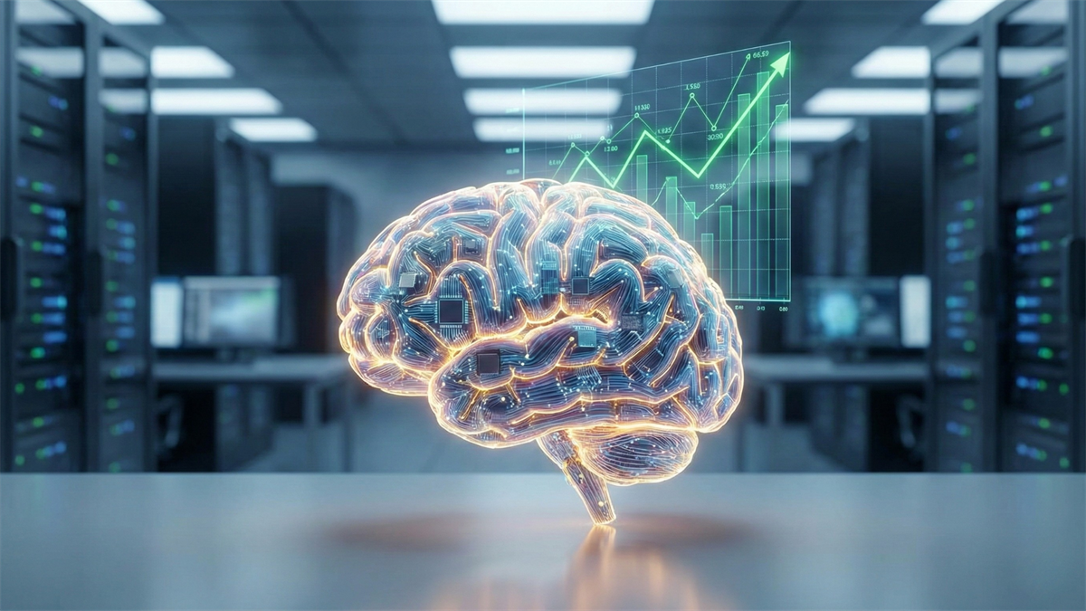 A realistic brain, composed of glowing microchips, positioned in front of a bullish stock chart.