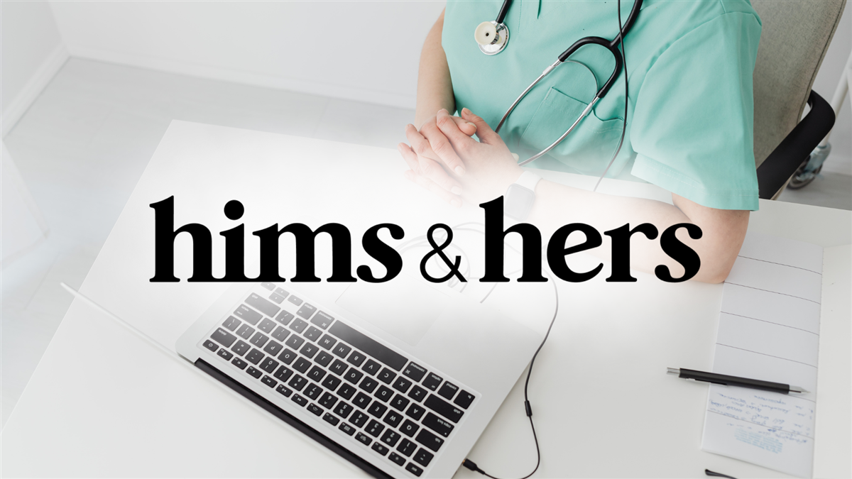 Hims and Hers Health logo positioned with telehealthcare provider in background.