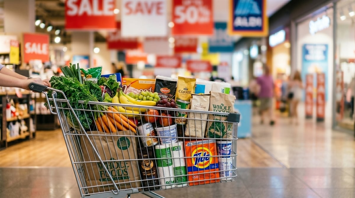 A shopping cart filled with groceries and household goods, including Tide detergent, inside a store.