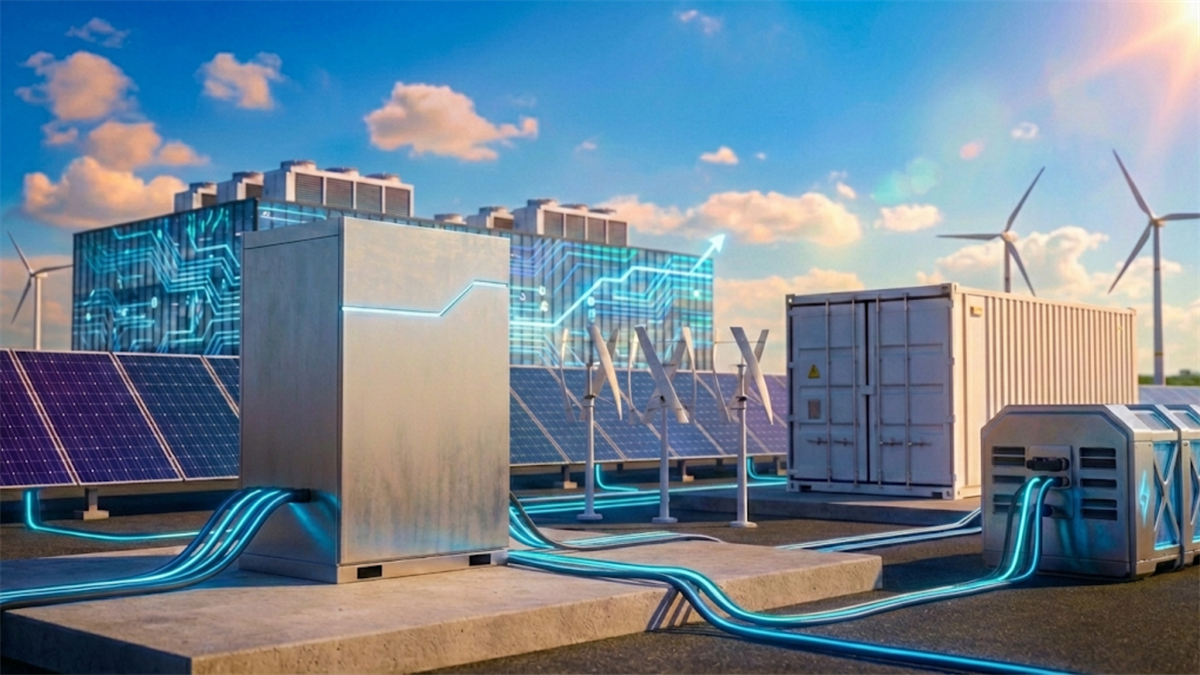 Solar panels, wind turbines and battery units show data-driven power grid fueling AI data center demand.