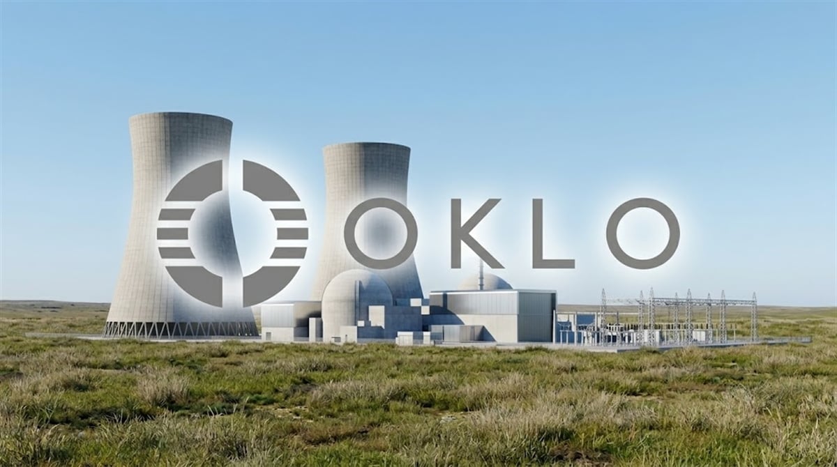 Oklo logo overlaid on a rendering of a nuclear power plant with cooling towers.